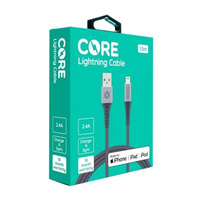 Core 1.5m Braided Lightning Cable2.4A Grey MFI