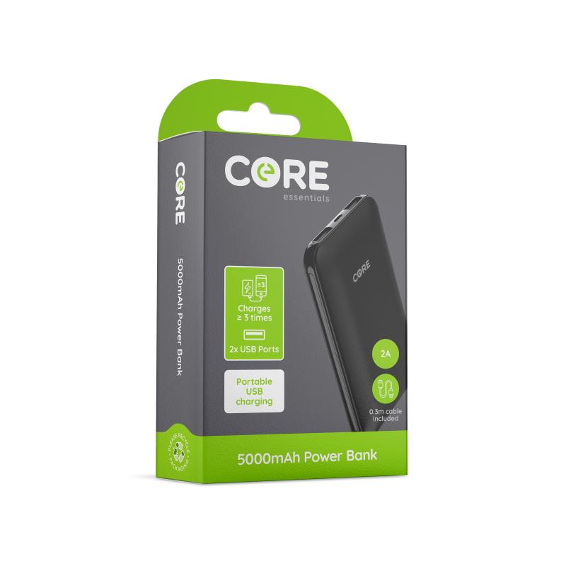 Laser 5000mAh Charge Core Power Bank - Black