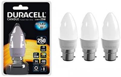 Duracell B22 Frosted Candle, Non Dim, 2w Equiv, 3 pack