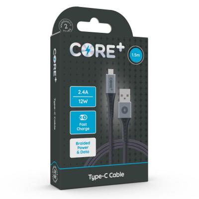 CORE+ Type-C Cable 1.5m Braided Grey 2.4A/12W