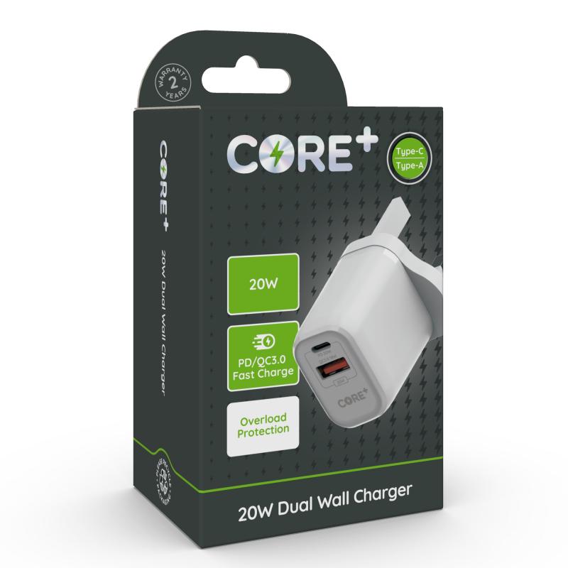 CORE+ Type-C/A 20W PD QC3 Dual Wall Charger