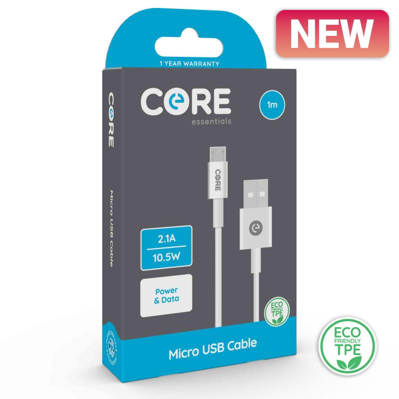 Core Micro USB Cable 1m TPE White 2.1A/10.5W 