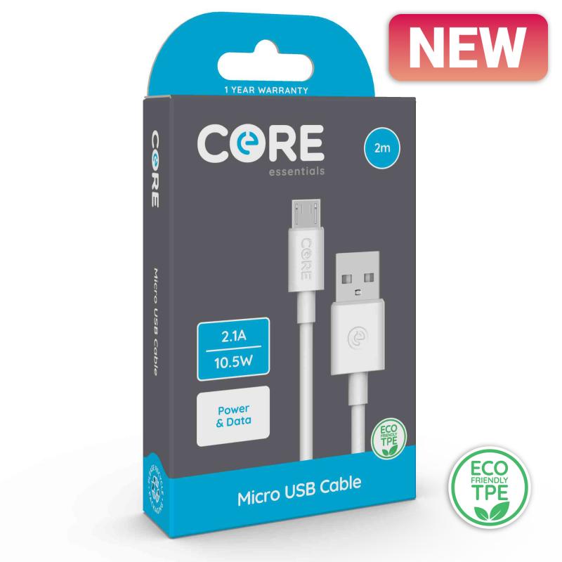Core Micro USB Cable 2m TPE White 2.1A/10.5W 
