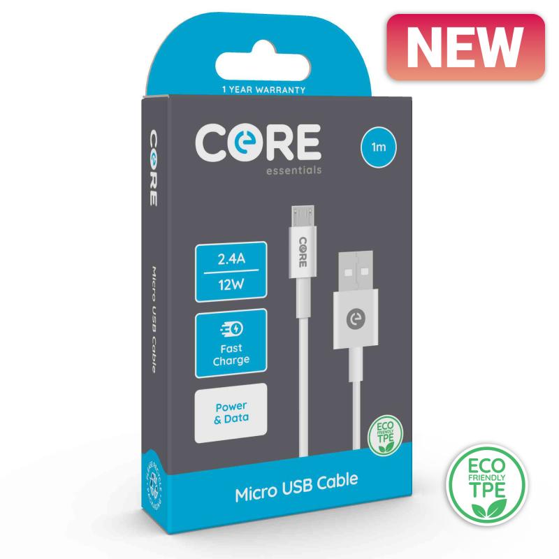 Core Micro USB Cable 1m TPE White 2.4A/12W Fast Charge