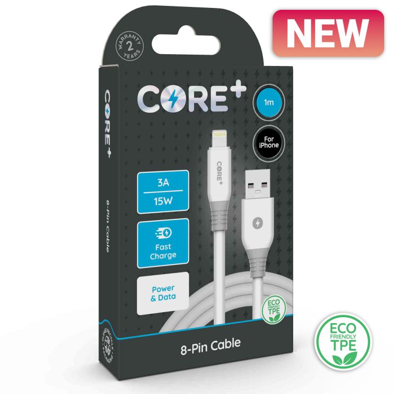CORE+ 8-Pin Cable 1m TPE White 3A/15W Fast Charge
