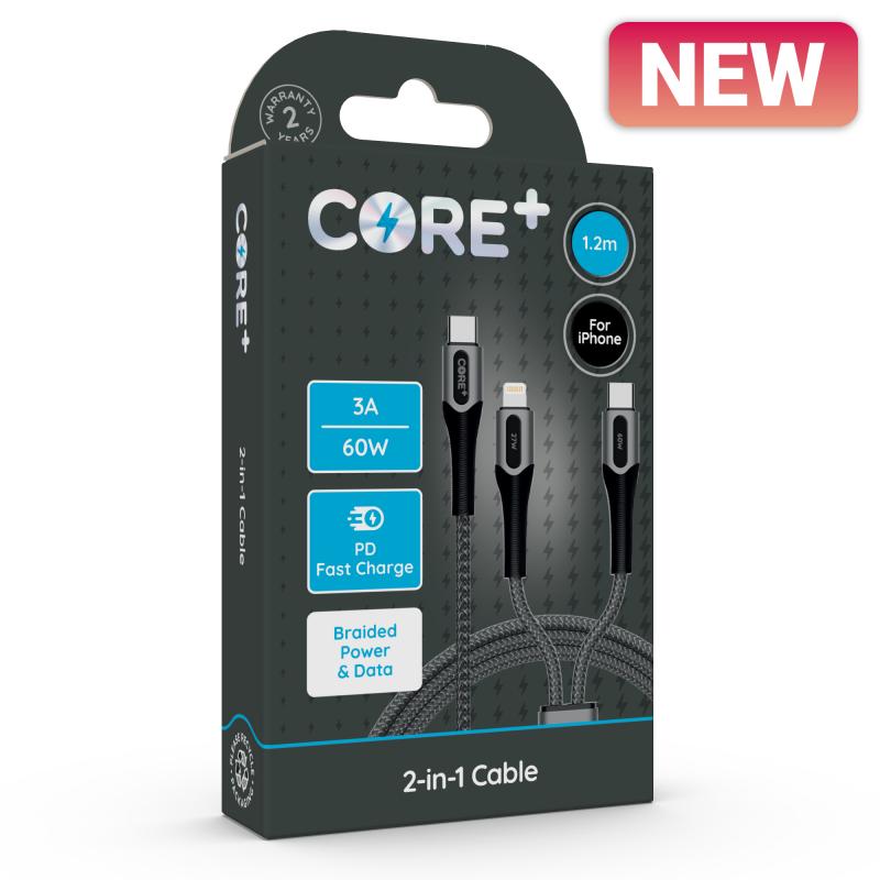 CORE+ 2-in-1 Cable 1.2m Braided Black 3A/60W PD
