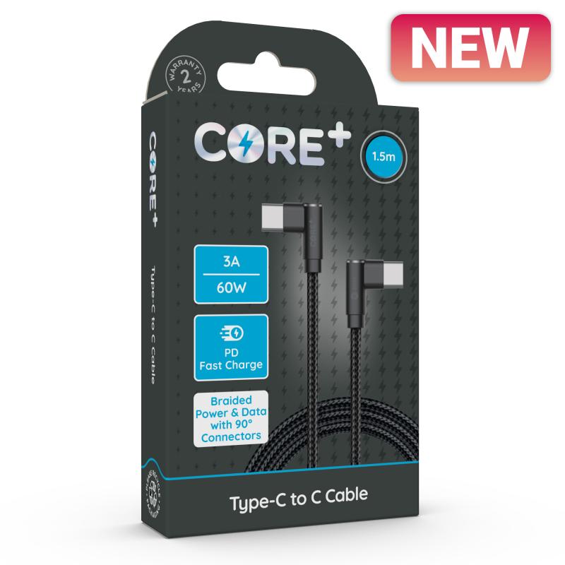 CORE+ Type-C to C 90° Cable 1.5m Braided Black 3A/60W 