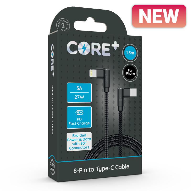 CORE+ 8-Pin to Type-C 90° Cable 1.5m Braided Black 3A/27W 