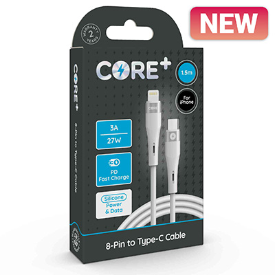 CORE+ 8-Pin to Type-C Cable 1.5m Silicone White 3A/27W PD