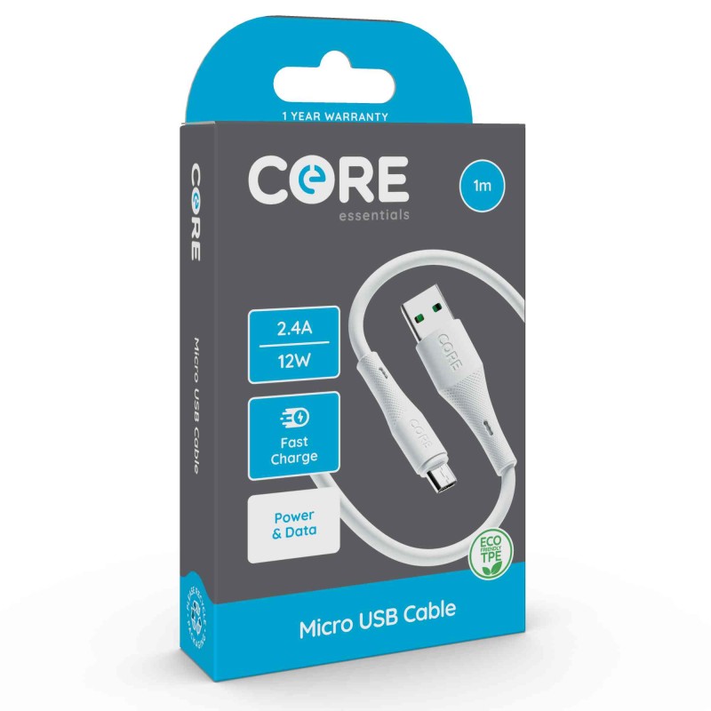 Core Micro USB Cable 1m TPE White 2.4A/12W Fast Charge