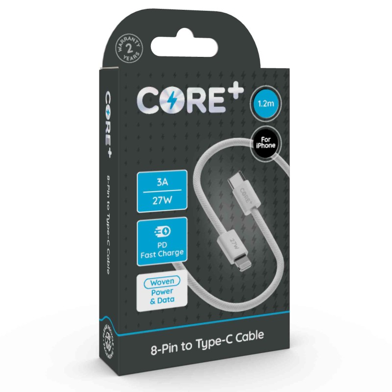 CORE+ 8-Pin to Type-C Cable 1.2m Woven White 3A 27W PD