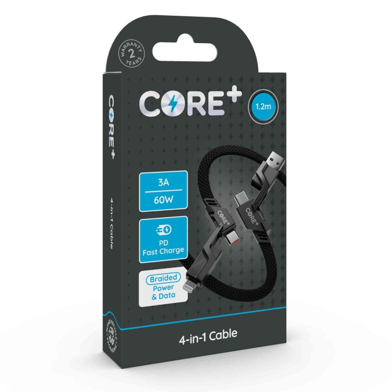 CORE+ 4-in-1 Cable 1.2m Woven Black 3A 60W PD