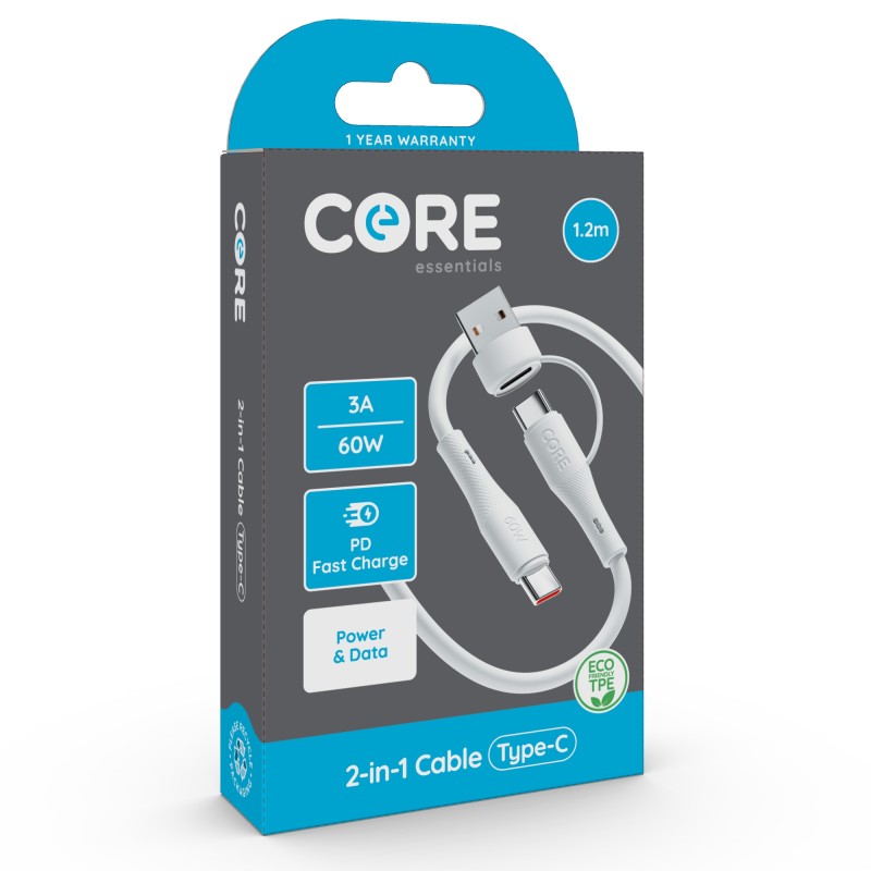 Core 2-in-1 Type-C to C/A Cable 1.2m TPE White 3A 60W PD