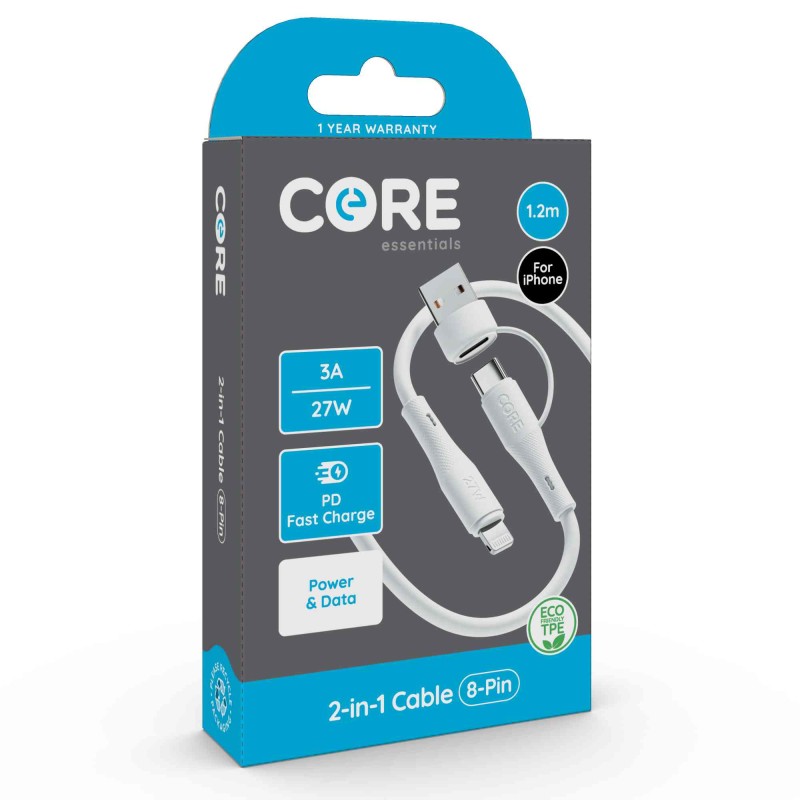 Core 2-in-1 8-Pin to Type-C/A Cable 1.2m TPE White 2.4A 27W PD