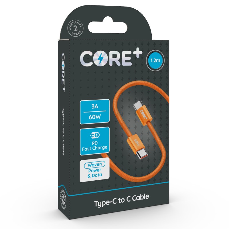 CORE+ Type-C to C Cable 1.2m Woven orange 3A 60W PD