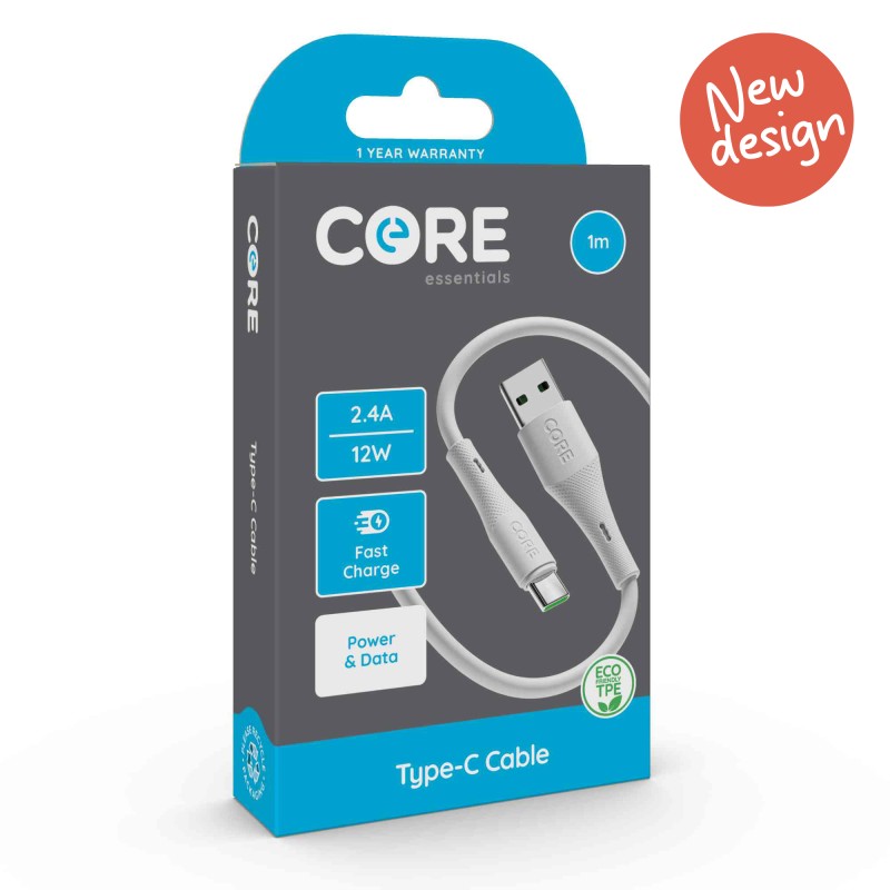 Core Type-C Cable 1m TPE White 2.4A 12W Fast Charge