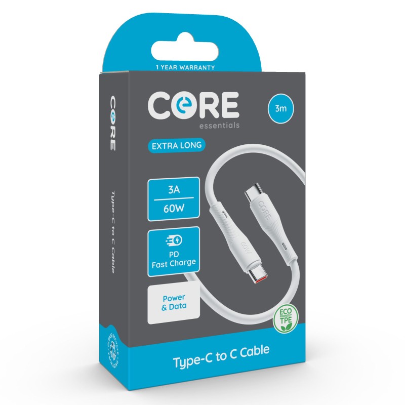 Core Type-C to C Cable 3m TPE White 3A 60W PD