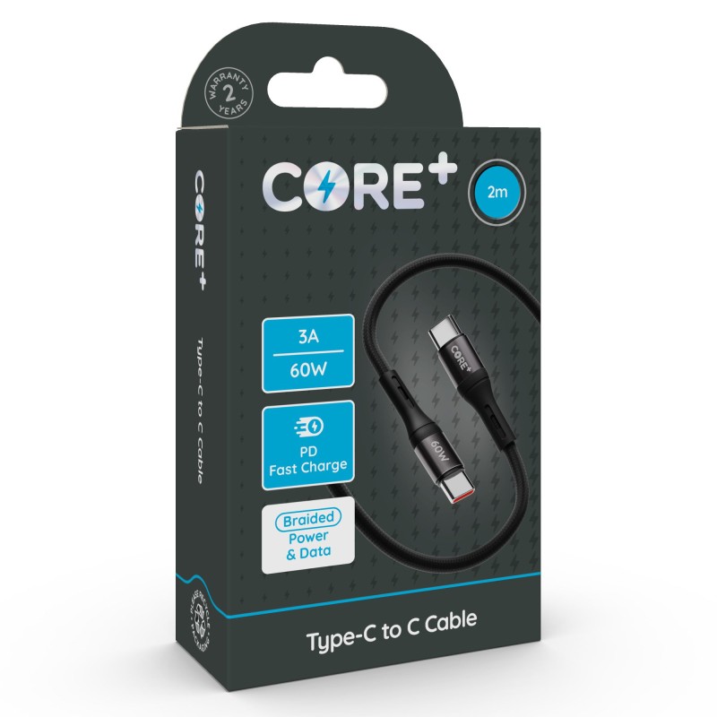 CORE+ Type-C to C Cable 2m Braided Black 3A 60W PD