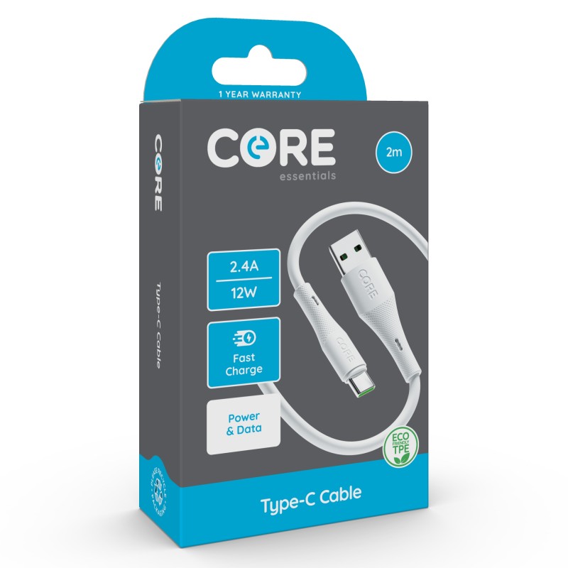 Core Type-C Cable 2m TPE White 2.4A 12W Fast Charge