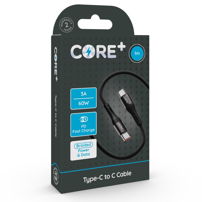 CORE+ Type-C to C Cable 1m Braided Black 3A 60W PD