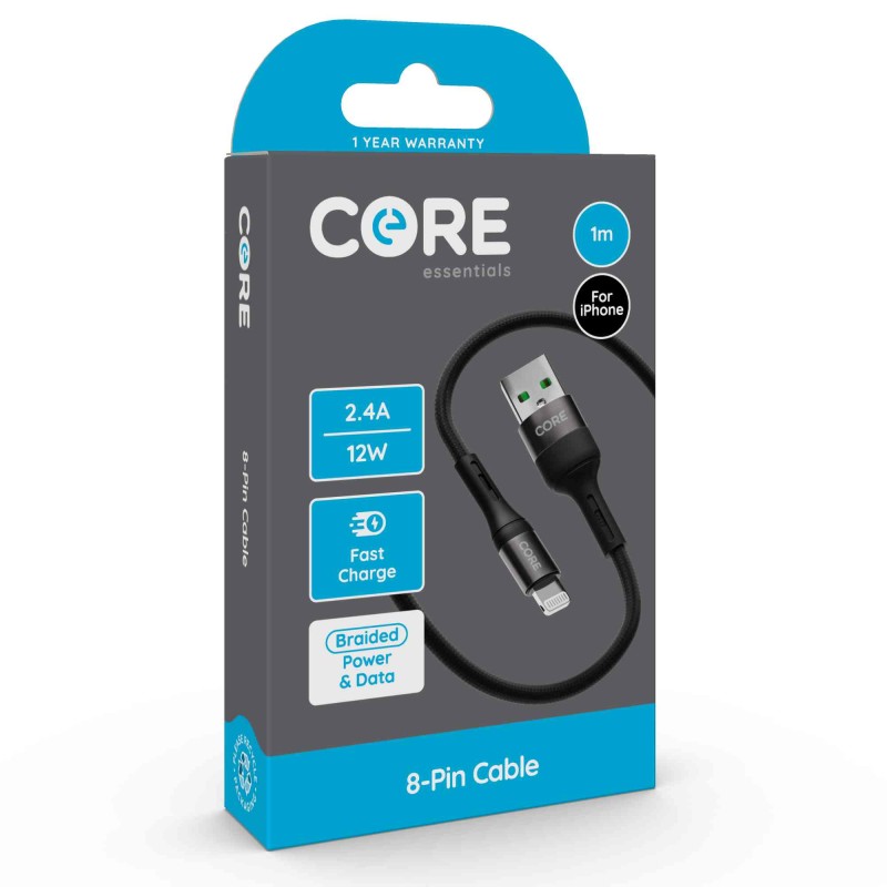 Core 8-Pin Cable 1m Braided Black 2.4A 12W Fast Charge